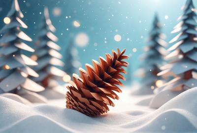 The primary subject of the image is a pinecone, which is the main object, scene, or focus of the image. The setting/background features a snowy environment, with a tree in the background. The visual style of the image is a digital art or illustration, as it is a well-crafted and detailed representation of the pinecone. The colors and mood of the image are predominantly white, with the snowy environment creating a serene and peaceful atmosphere.